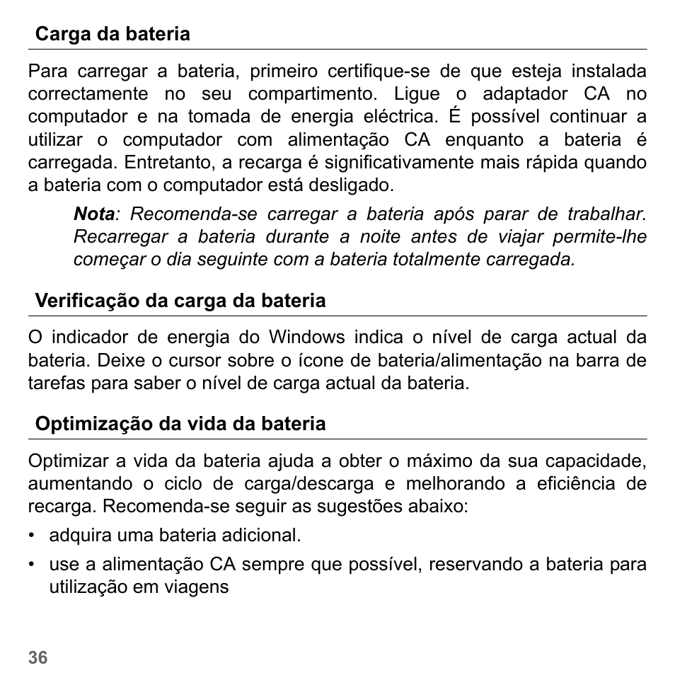Carga da bateria, Verificação da carga da bateria, Optimização da vida da bateria | PACKARD BELL dot s series User Manual | Page 610 / 2279