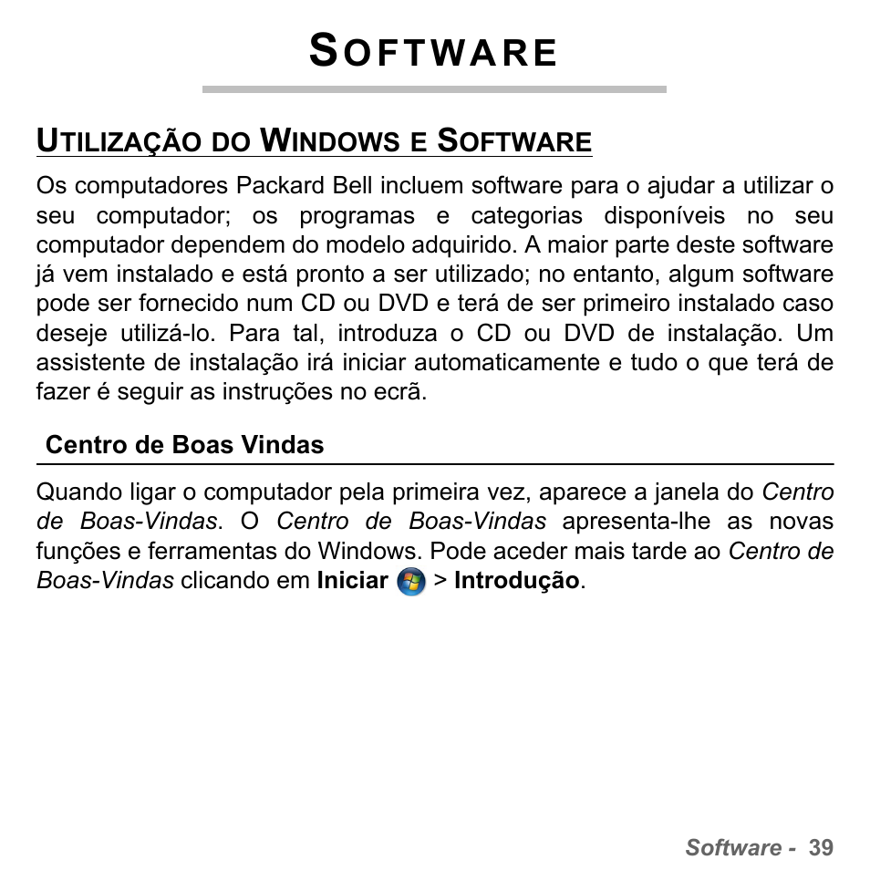 Software, Utilização do windows e software, Centro de boas vindas | PACKARD BELL dot s series User Manual | Page 613 / 2279