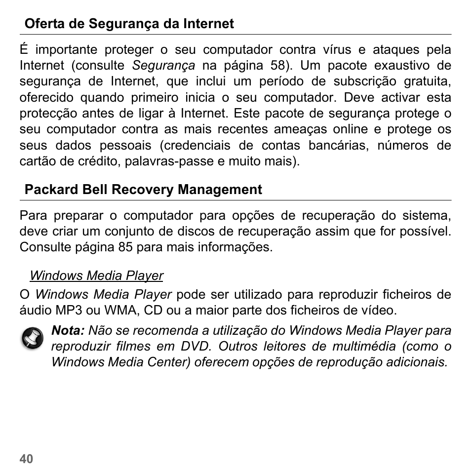 Oferta de segurança da internet, Packard bell recovery management | PACKARD BELL dot s series User Manual | Page 614 / 2279