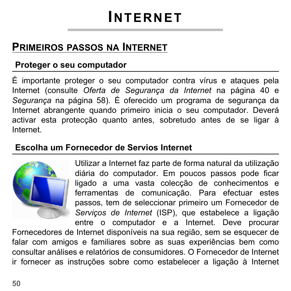 Internet, Primeiros passos na internet, Proteger o seu computador | Escolha um fornecedor de servios internet, Proteger o seu computador escolha um forn | PACKARD BELL dot s series User Manual | Page 624 / 2279