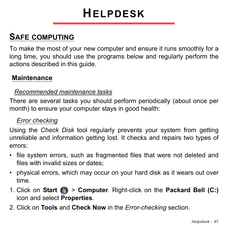 Helpdesk, Safe computing, Maintenance | Elpdesk | PACKARD BELL dot s series User Manual | Page 69 / 2279