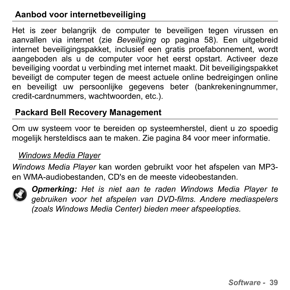 Aanbod voor internetbeveiliging, Packard bell recovery management | PACKARD BELL dot s series User Manual | Page 729 / 2279