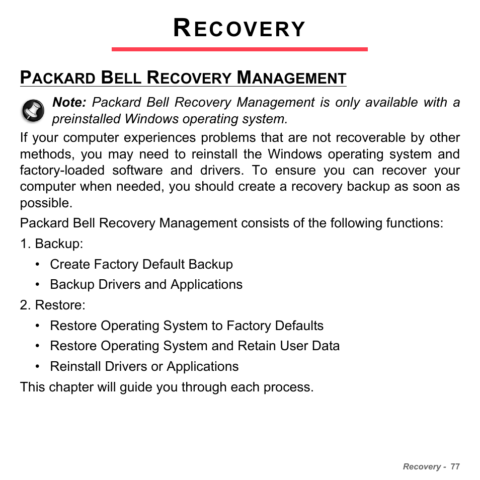 Recovery, Packard bell recovery management, Ecovery | PACKARD BELL dot s series User Manual | Page 79 / 2279