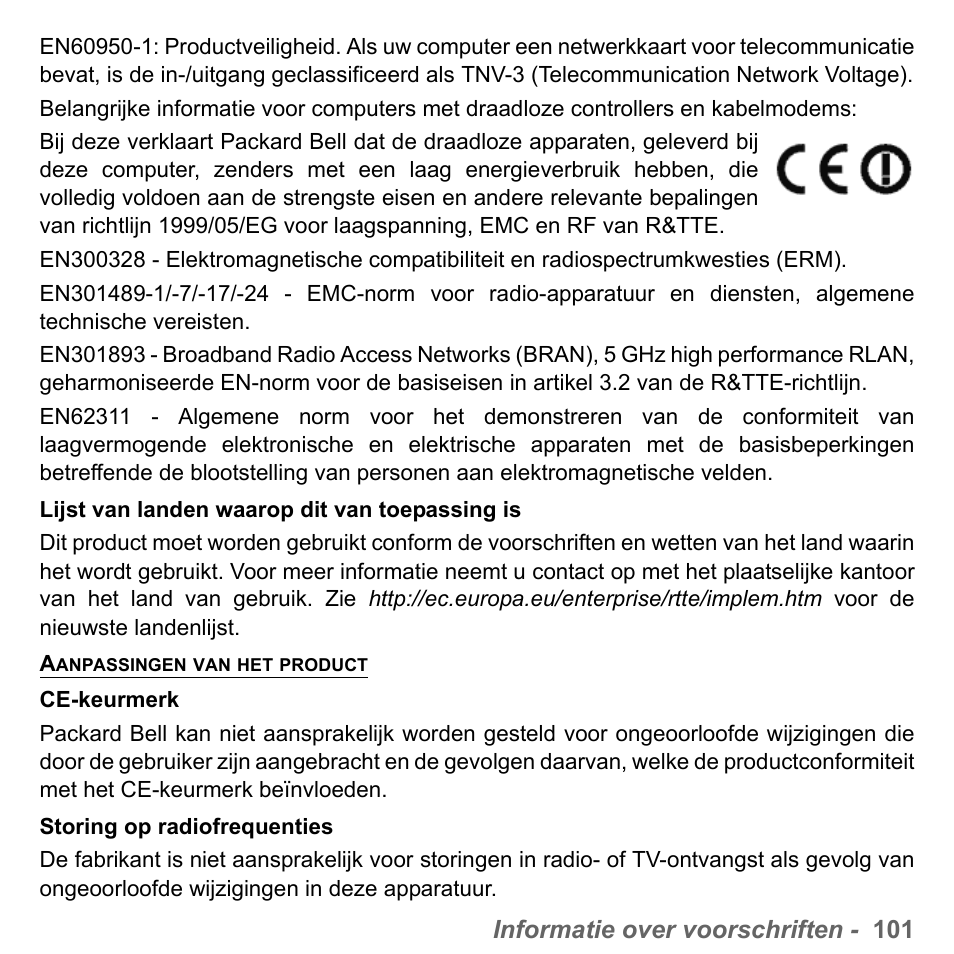 Informatie over voorschriften - 101 | PACKARD BELL dot s series User Manual | Page 791 / 2279