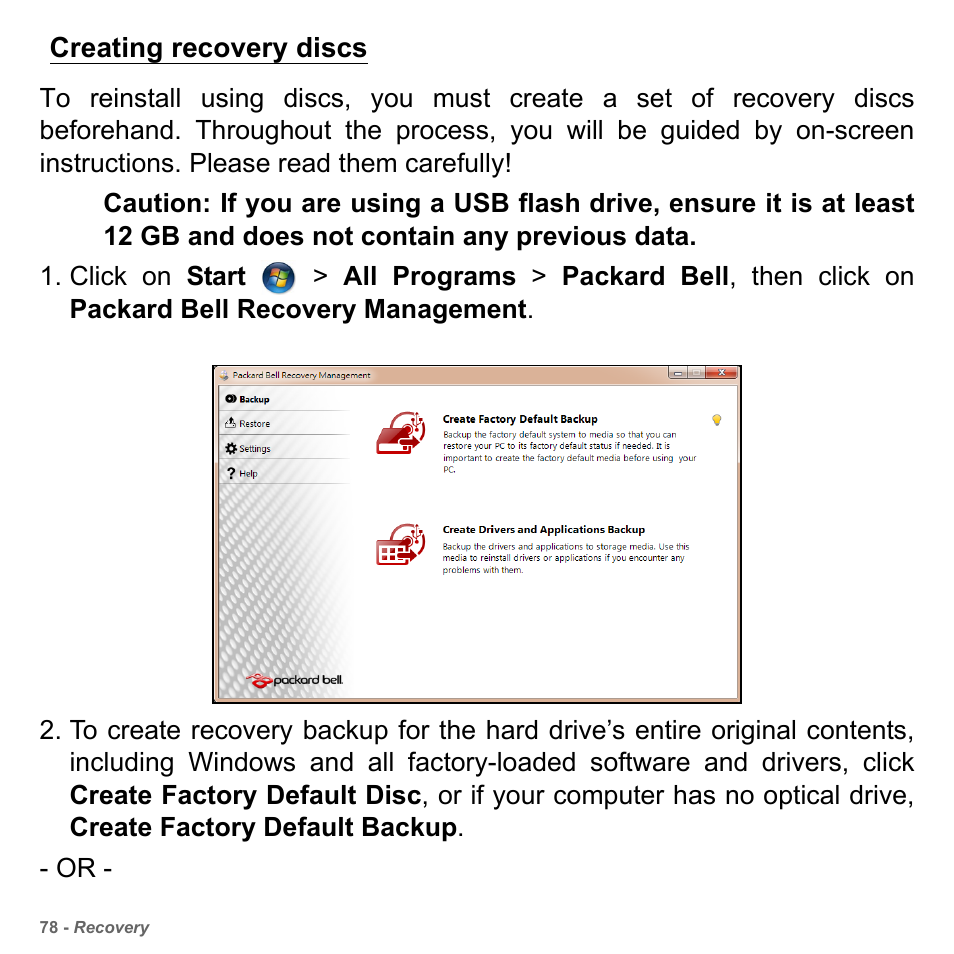 Creating recovery discs | PACKARD BELL dot s series User Manual | Page 80 / 2279