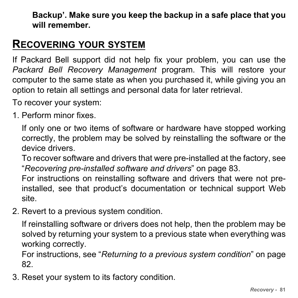 Recovering your system | PACKARD BELL dot s series User Manual | Page 83 / 2279