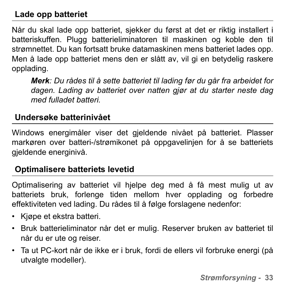 Lade opp batteriet, Undersøke batterinivået, Optimalisere batteriets levetid | PACKARD BELL dot s series User Manual | Page 837 / 2279