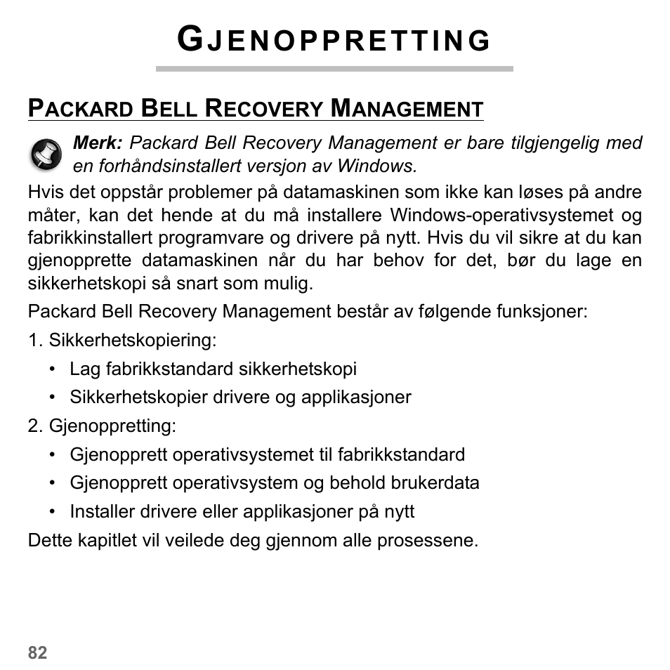 Gjenoppretting, Packard bell recovery management | PACKARD BELL dot s series User Manual | Page 886 / 2279