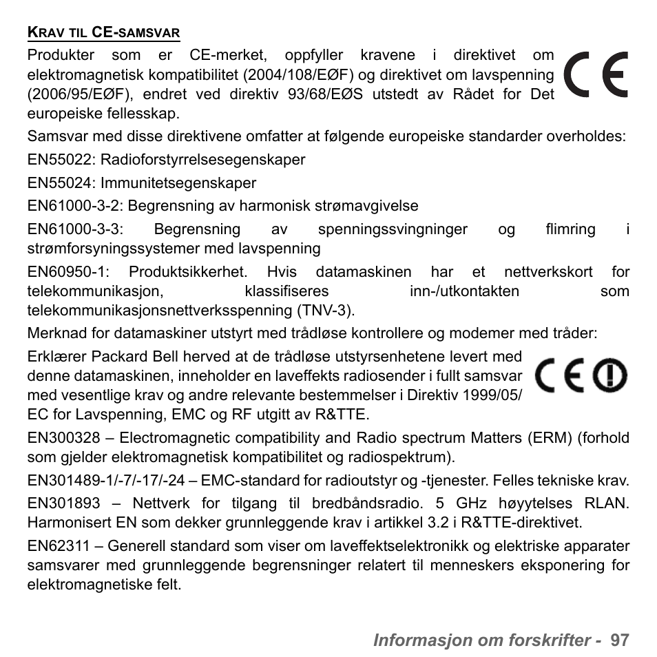 Informasjon om forskrifter - 97 | PACKARD BELL dot s series User Manual | Page 901 / 2279