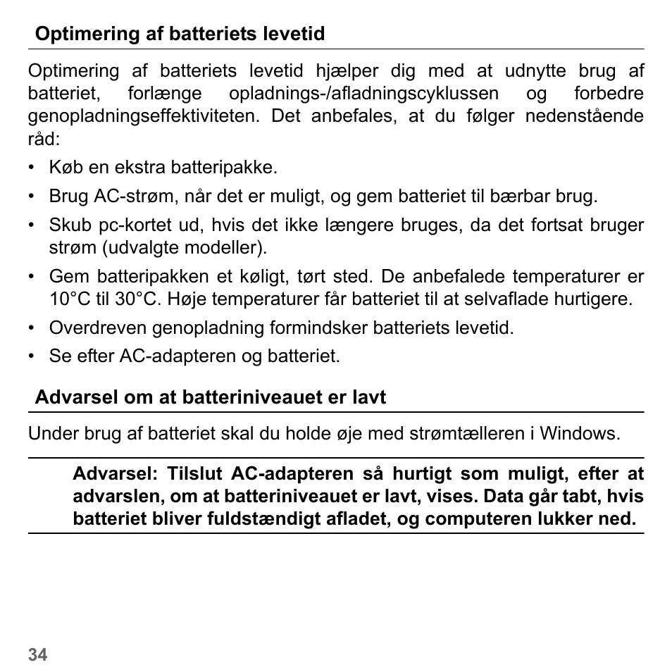 Optimering af batteriets levetid, Advarsel om at batteriniveauet er lavt | PACKARD BELL dot s series User Manual | Page 948 / 2279