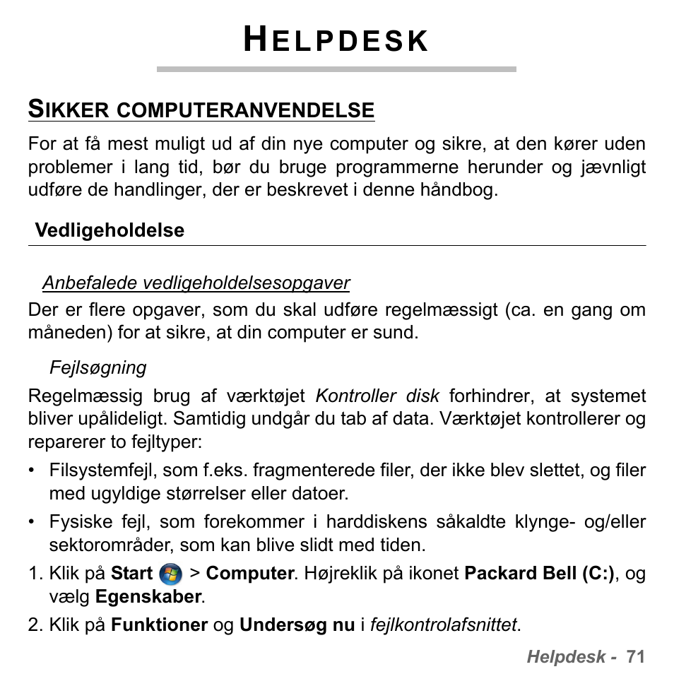 Helpdesk, Sikker computeranvendelse, Vedligeholdelse | PACKARD BELL dot s series User Manual | Page 985 / 2279