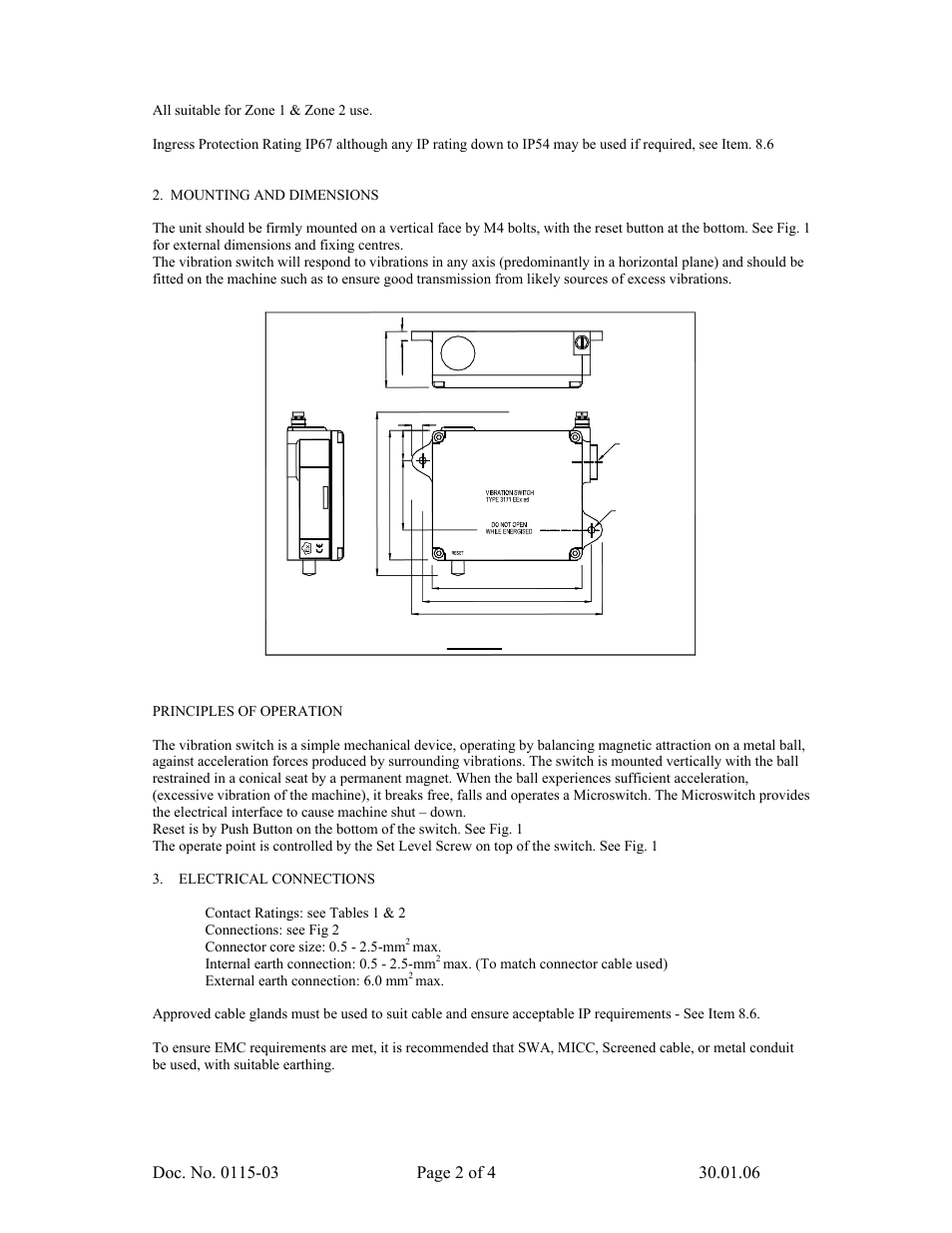 Max. internal earth connection: 0.5 - 2.5-mm | Fire Fighting Enterprises Vibration Switch: Explosion Proof User Manual | Page 2 / 4