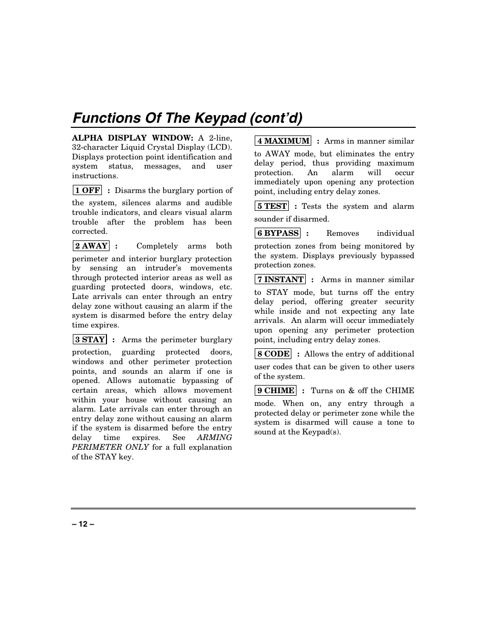Functions of the keypad (cont’d) | FIREPOWER Vista 32-128FB User Manual | Page 12 / 72