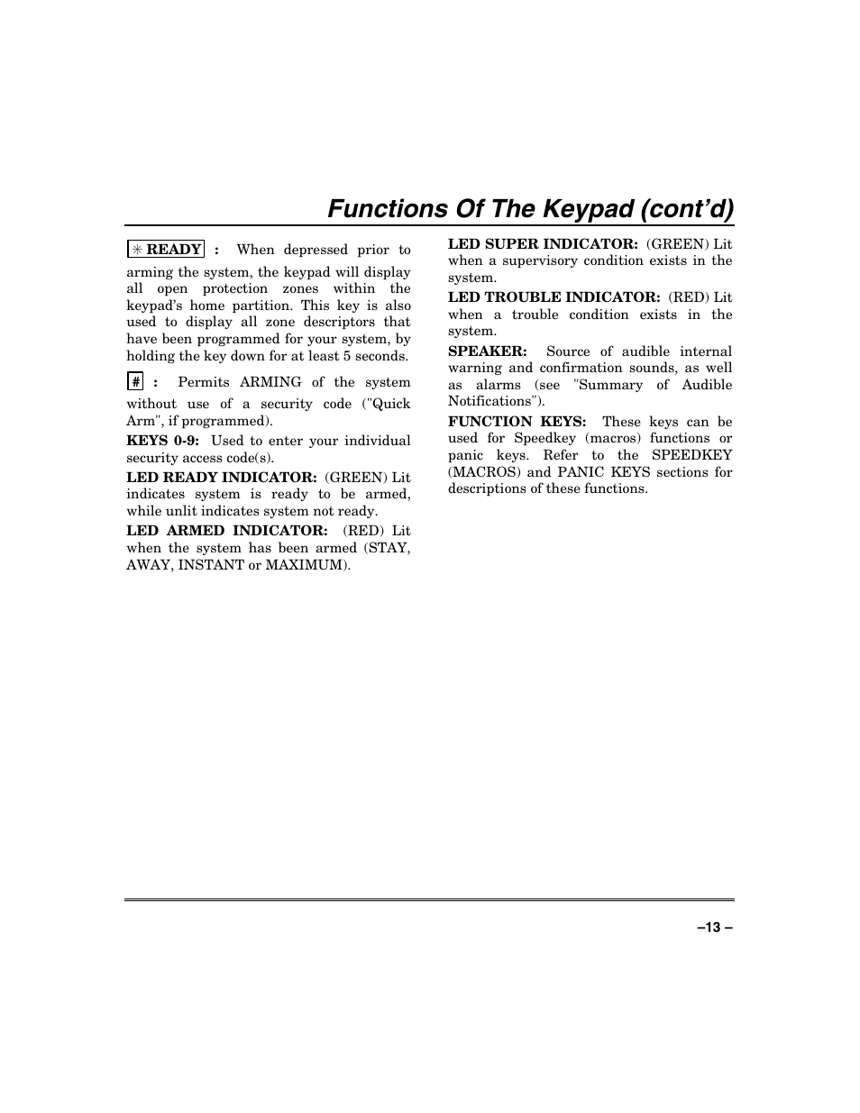 Functions of the keypad (cont’d) | FIREPOWER Vista 32-128FB User Manual | Page 13 / 72