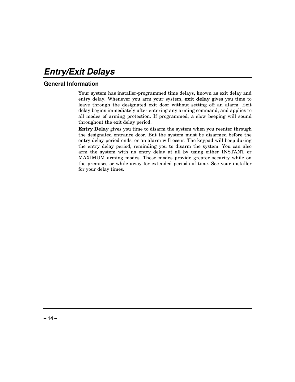 Entry/exit delays | FIREPOWER Vista 32-128FB User Manual | Page 14 / 72