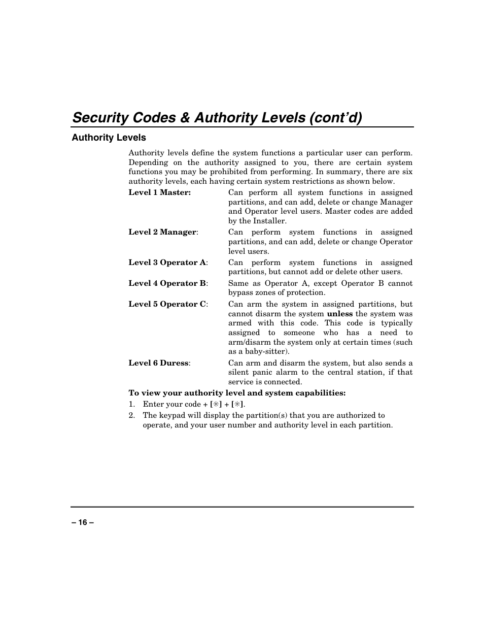 Security codes & authority levels (cont’d) | FIREPOWER Vista 32-128FB User Manual | Page 16 / 72