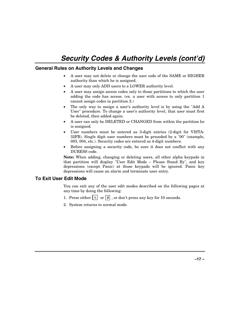 Security codes & authority levels (cont’d) | FIREPOWER Vista 32-128FB User Manual | Page 17 / 72