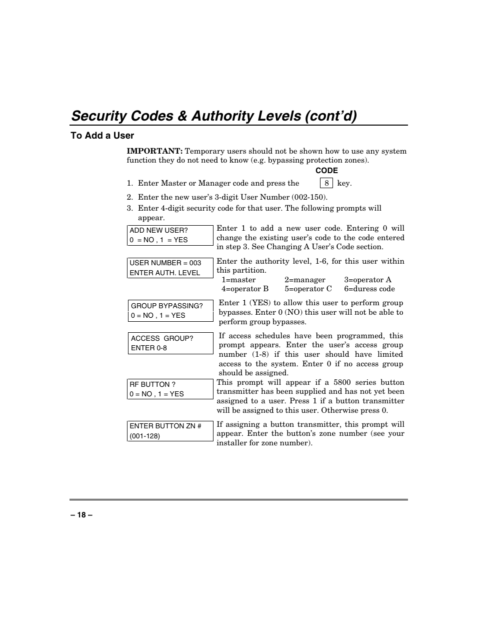 Security codes & authority levels (cont’d) | FIREPOWER Vista 32-128FB User Manual | Page 18 / 72