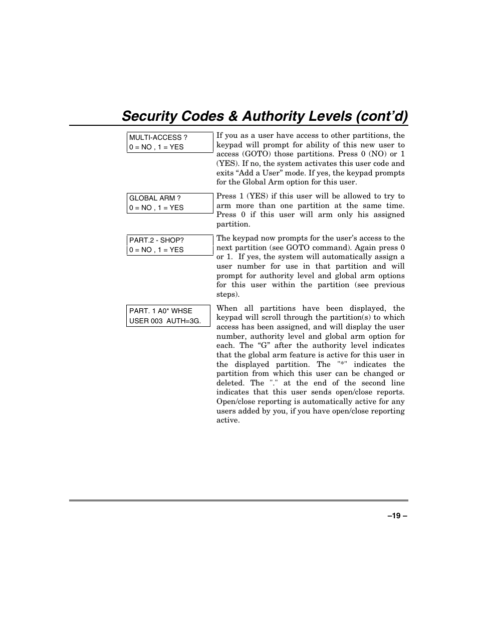 Security codes & authority levels (cont’d) | FIREPOWER Vista 32-128FB User Manual | Page 19 / 72