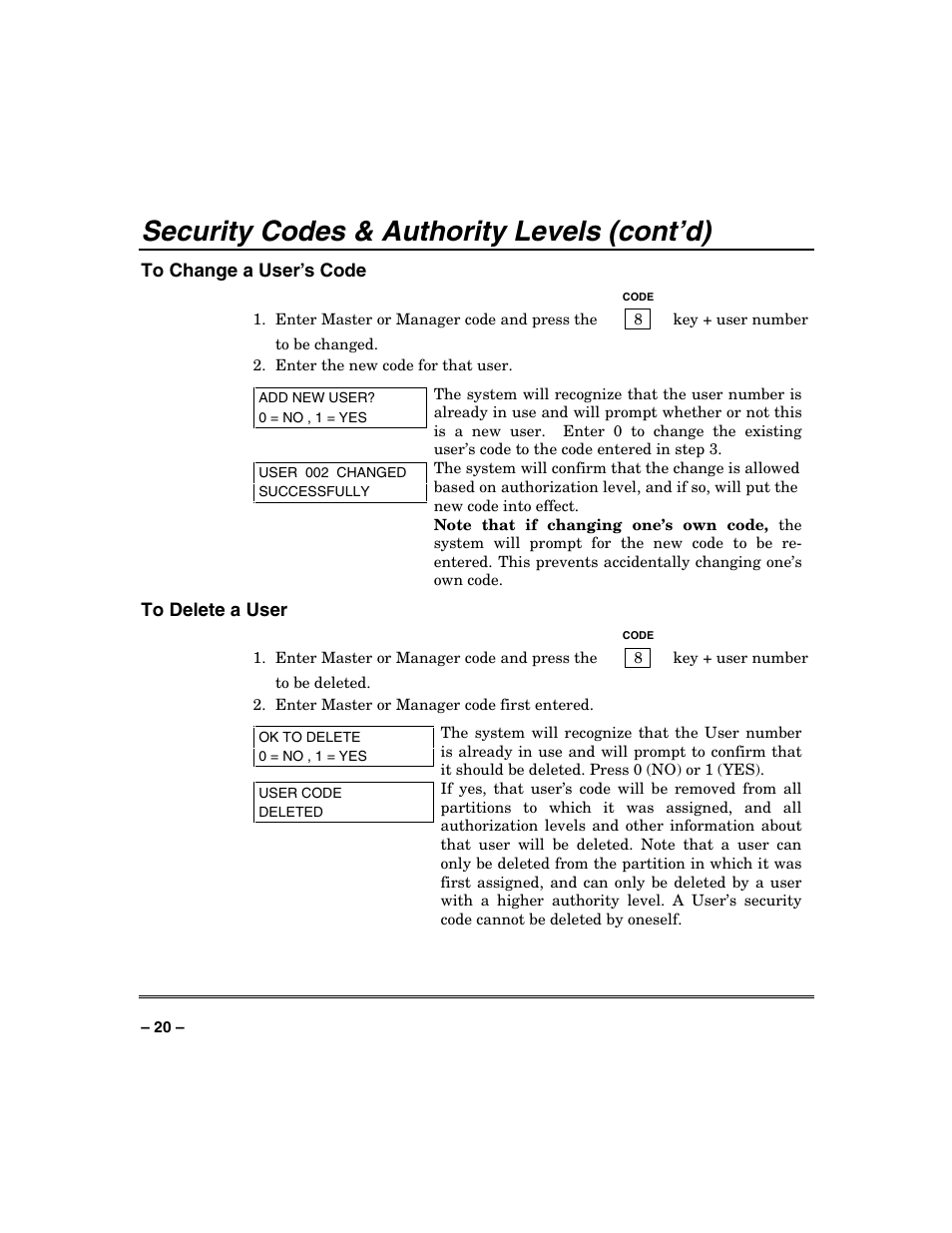 Security codes & authority levels (cont’d) | FIREPOWER Vista 32-128FB User Manual | Page 20 / 72