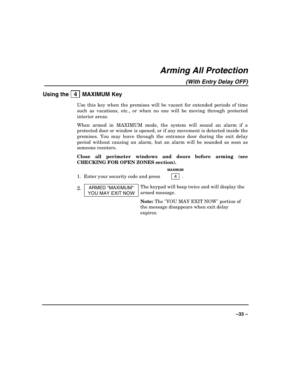 Arming all protection | FIREPOWER Vista 32-128FB User Manual | Page 33 / 72