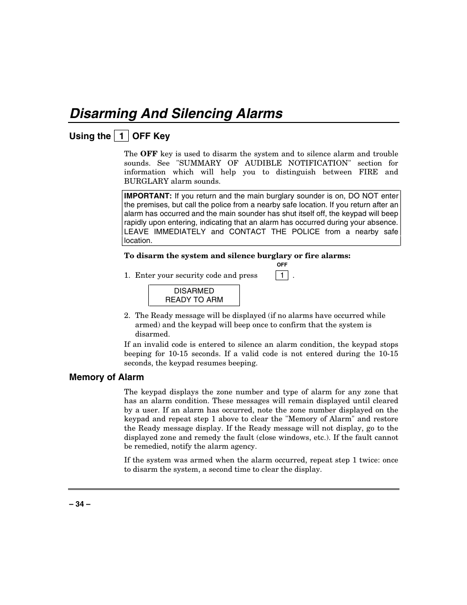 Disarming and silencing alarms | FIREPOWER Vista 32-128FB User Manual | Page 34 / 72