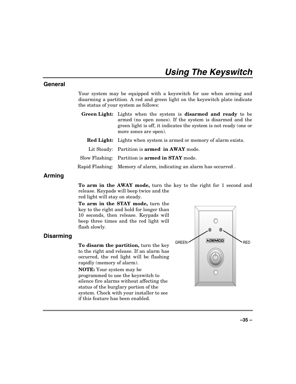 Using the keyswitch | FIREPOWER Vista 32-128FB User Manual | Page 35 / 72