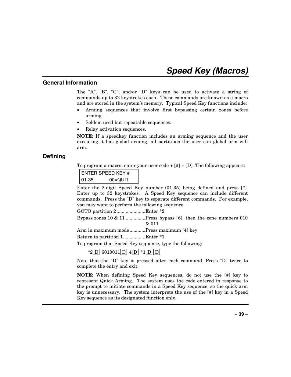 Speed key (macros) | FIREPOWER Vista 32-128FB User Manual | Page 39 / 72