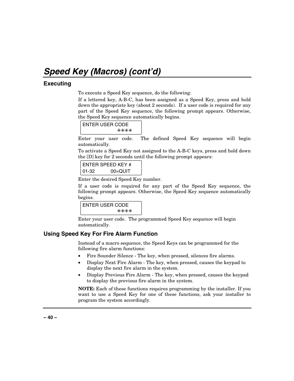 Speed key (macros) (cont’d) | FIREPOWER Vista 32-128FB User Manual | Page 40 / 72