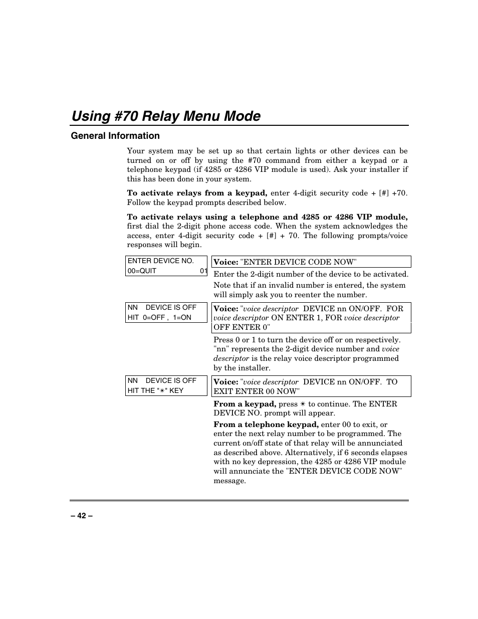 Using #70 relay menu mode | FIREPOWER Vista 32-128FB User Manual | Page 42 / 72
