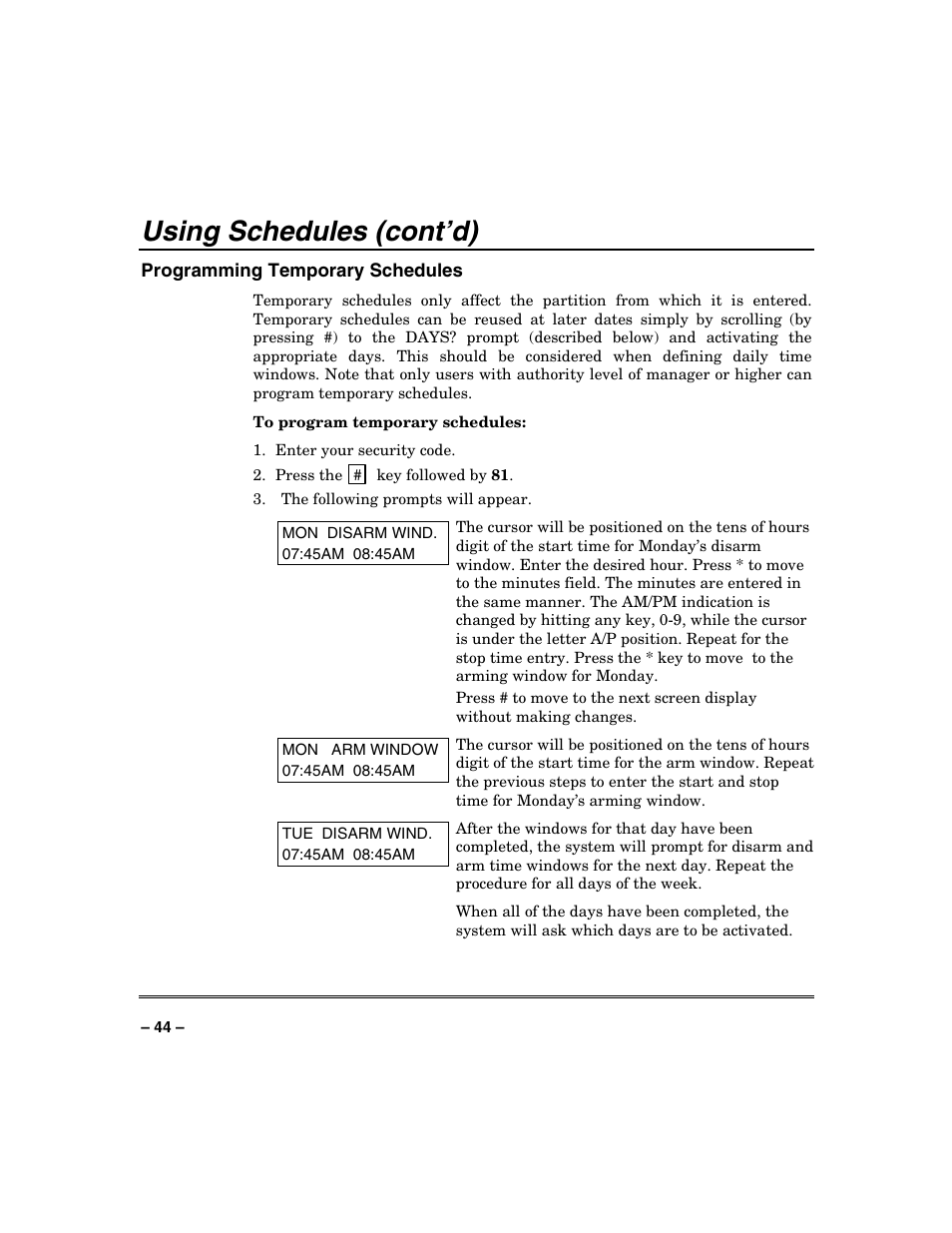 Using schedules (cont’d) | FIREPOWER Vista 32-128FB User Manual | Page 44 / 72