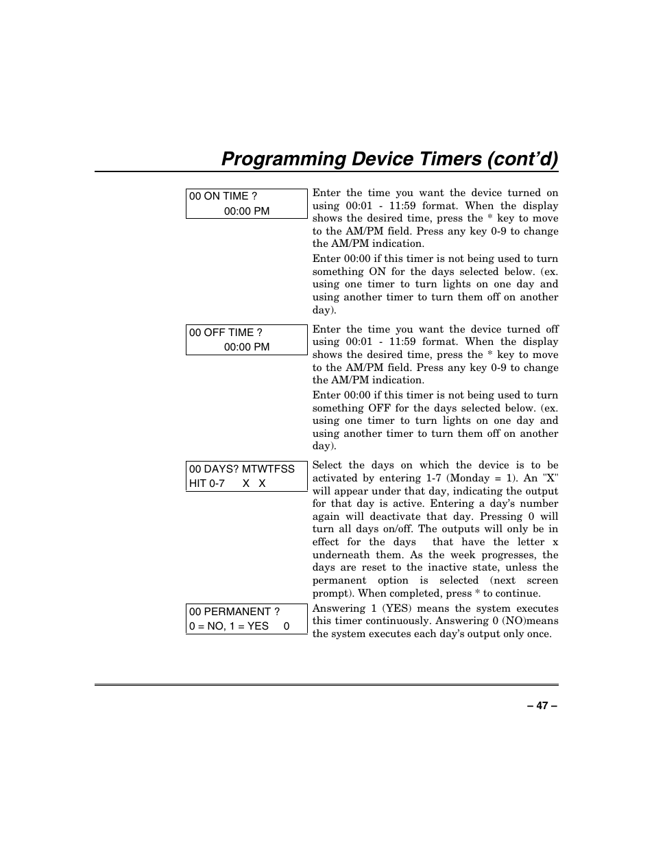 Programming device timers (cont’d) | FIREPOWER Vista 32-128FB User Manual | Page 47 / 72