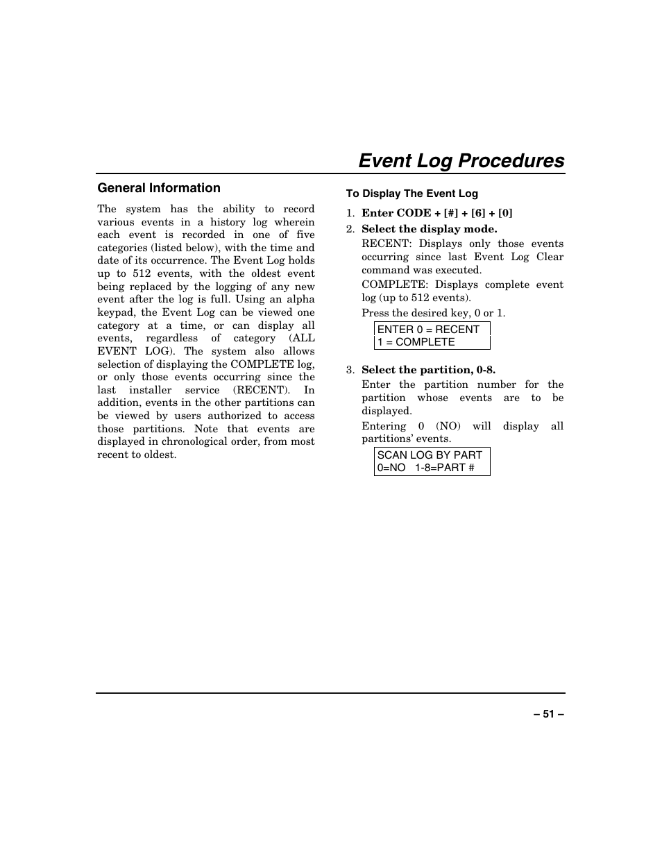 Event log procedures | FIREPOWER Vista 32-128FB User Manual | Page 51 / 72