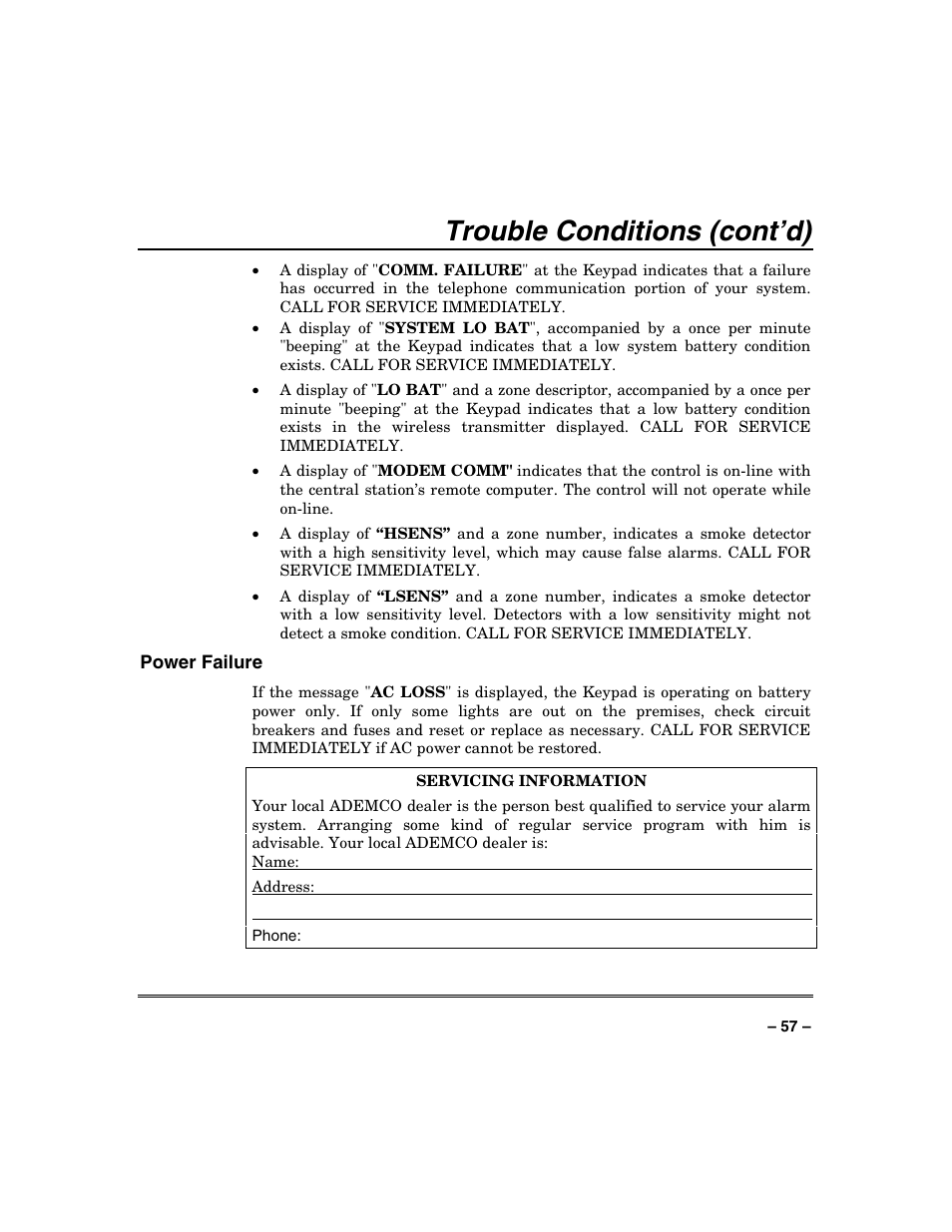 Trouble conditions (cont’d) | FIREPOWER Vista 32-128FB User Manual | Page 57 / 72