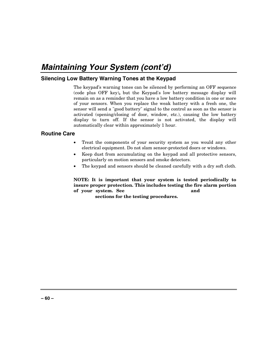 Maintaining your system (cont’d) | FIREPOWER Vista 32-128FB User Manual | Page 60 / 72