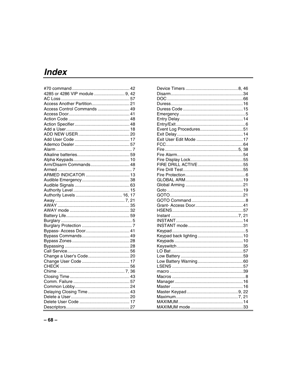 Index | FIREPOWER Vista 32-128FB User Manual | Page 68 / 72