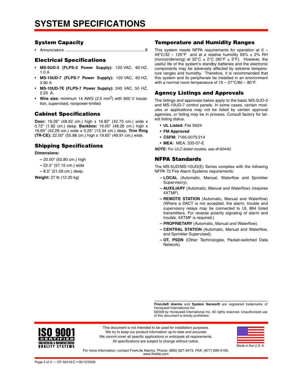 System specifications, System capacity, Electrical specifications | Cabinet specifications, Shipping specifications, Temperature and humidity ranges, Agency listings and approvals, Nfpa standards | FIREPOWER MS-10UD-7 User Manual | Page 4 / 4