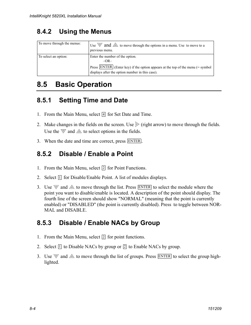 5 basic operation, 2 using the menus, 1 setting time and date | 2 disable / enable a point, 3 disable / enable nacs by group | FIREPOWER 5820XL User Manual | Page 4 / 8