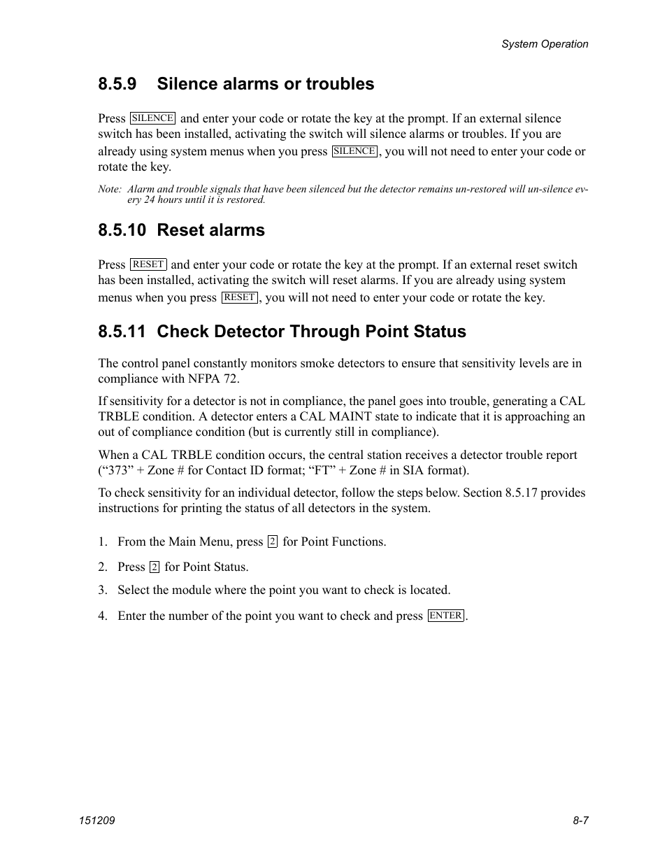 9 silence alarms or troubles, 10 reset alarms, 11 check detector through point status | FIREPOWER 5820XL User Manual | Page 7 / 8