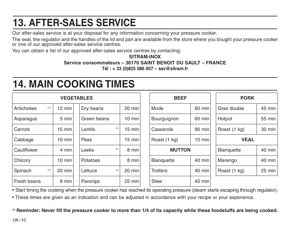 After-sales service, Main cooking times | Frieling Sitram: Speedo Pressure Cooker’s User Manual | Page 10 / 24