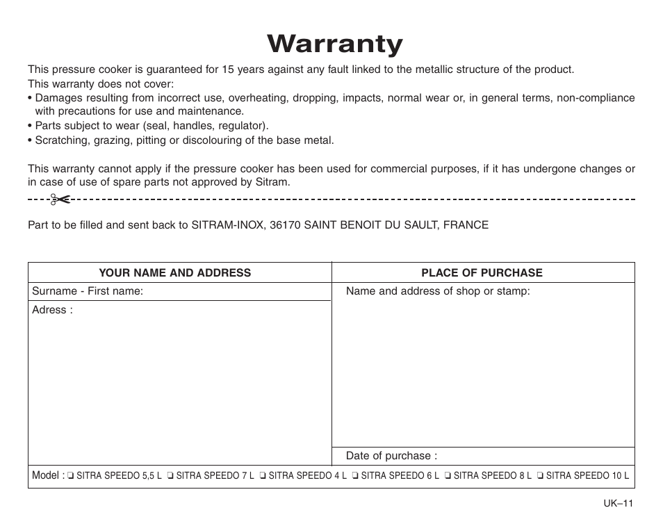 Warranty | Frieling Sitram: Speedo Pressure Cooker’s User Manual | Page 11 / 24