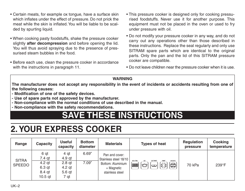 Save these instructions 2. your express cooker | Frieling Sitram: Speedo Pressure Cooker’s User Manual | Page 2 / 24