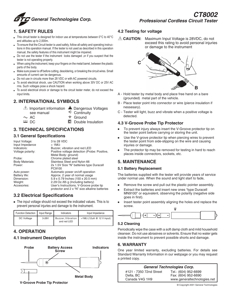 General Technologies CT8002 Professional Cordless Circuit Tester User Manual | 1 page