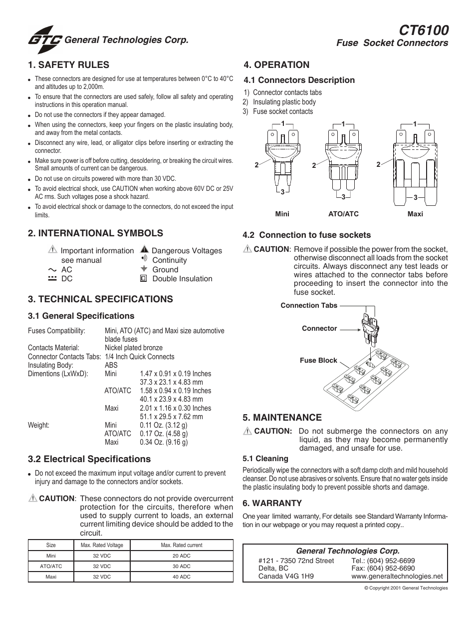 General Technologies CT6100  Socket Fuse Connectors User Manual | 1 page