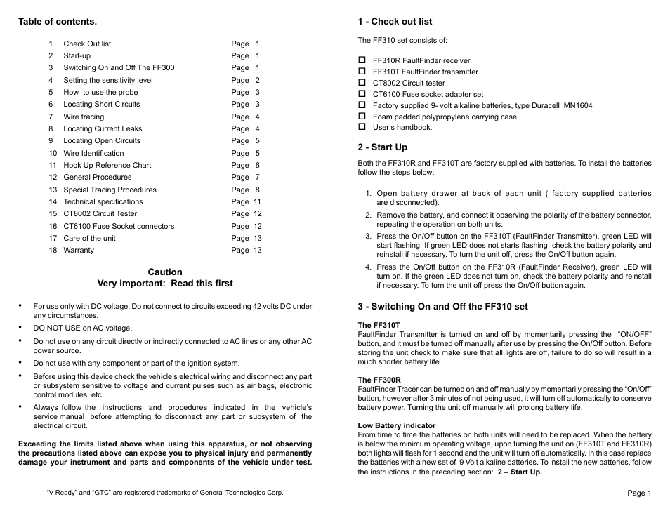 General Technologies FF310 Fault Finder for Electrical Wiring Open / Short Circuit User Manual | Page 2 / 9