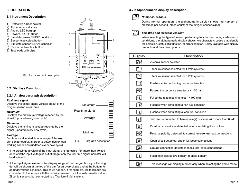 Display description | General Technologies ST05 Oxygen Sensor Tester and Simulator User Manual | Page 3 / 9