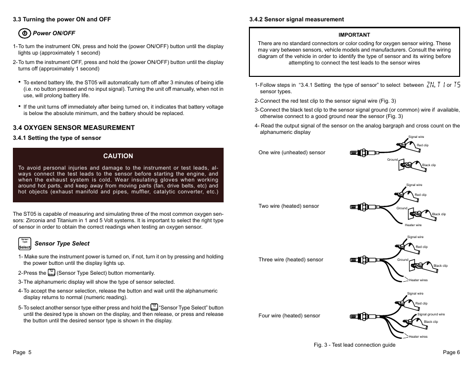 4 oxygen sensor measurement, Caution | General Technologies ST05 Oxygen Sensor Tester and Simulator User Manual | Page 4 / 9