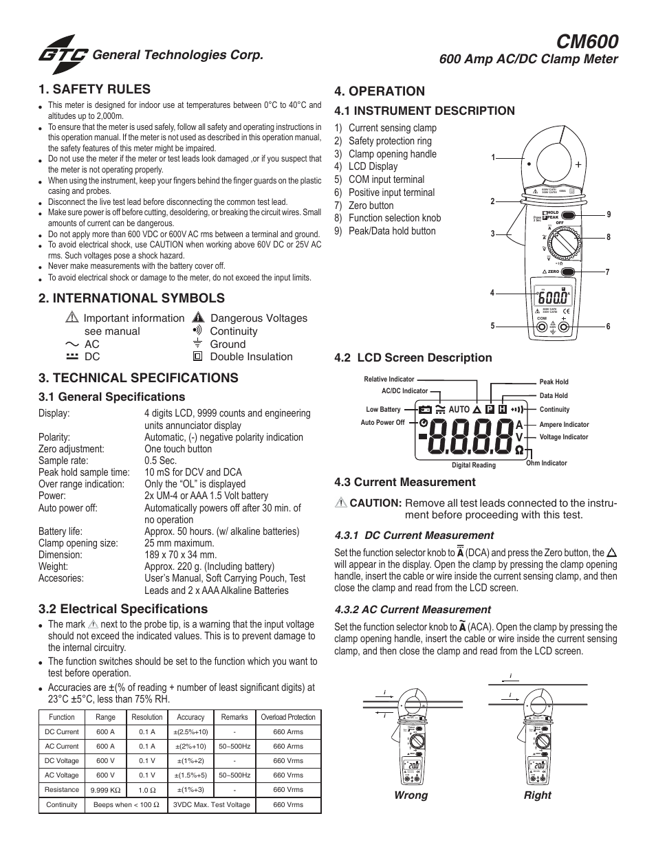 General Technologies CM600 	CM600 : 600 Amps AC/DC Current Clamp Meter User Manual | 2 pages