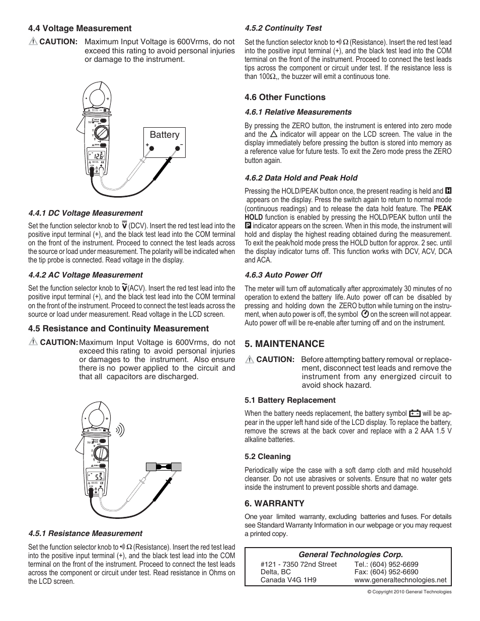 Maintenance, Battery, 4 voltage measurement | 6 other functions, Warranty, 5 resistance and continuity measurement, General technologies corp | General Technologies CM600 	CM600 : 600 Amps AC/DC Current Clamp Meter User Manual | Page 2 / 2