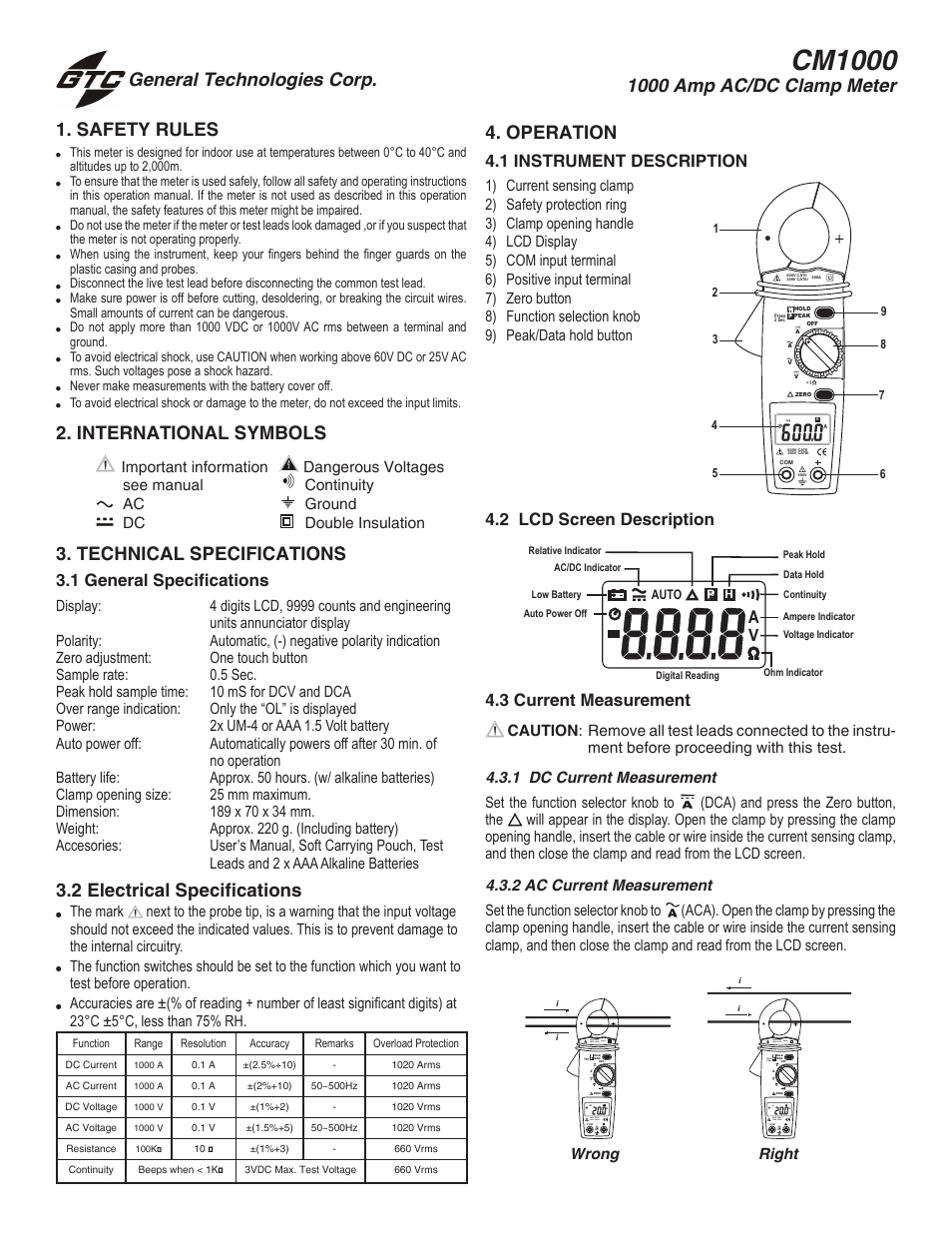 General Technologies CM1000 : 1000 Amps AC/DC Current Clamp Meter User Manual | 2 pages